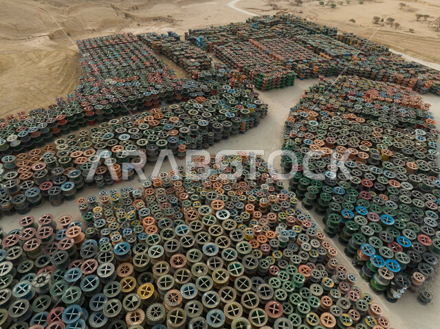 صورة جوية لبكرات كابلات ، معدات وأدوات تمديد ، معمل الكابلات ، مستودعات ، صناعات سعودية ، مصانع ، مشاريع وصناعات