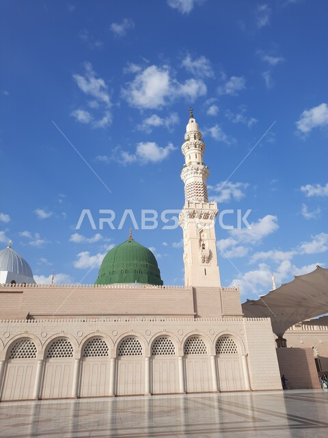 The Prophet's Mosque in Medina, Saudi Arabia, the Noble Prophet's Mosque, Islamic holy places, Islamiat and worship, Islamic religious monuments, the green dome and minaret of the Prophet's Mosque, the external complex of the Prophet's Mosque in Medina