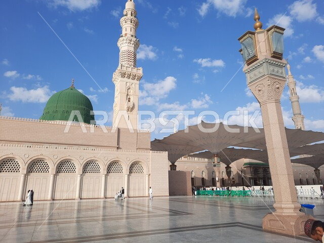 The Prophet's Mosque in Medina, Saudi Arabia, the Noble Prophet's Mosque, Islamic holy places, Islamiat and worship, Islamic religious monuments, the green dome and minaret of the Prophet's Mosque, the external complex of the Prophet's Mosque in Medina