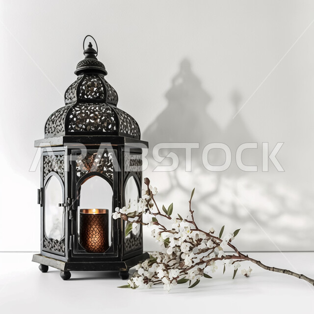 فانوس عربي تقليدي معدني مع فروع الاشجار، إضاءة وزينة شهر رمضان، الإحتفال والبهجه بقدوم شهر رمضان، ديكورات وأنوار، اجواء رمضانية رائعه، الاستعداد لدخول شهر رمضان المبارك، خلفية بيضاء