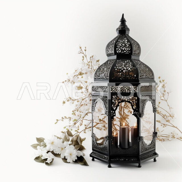 فانوس عربي تقليدي معدني مع فروع الاشجار، إضاءة وزينة شهر رمضان، الإحتفال والبهجه بقدوم شهر رمضان، ديكورات وأنوار، اجواء رمضانية رائعه، الاستعداد لدخول شهر رمضان المبارك، خلفية بيضاء