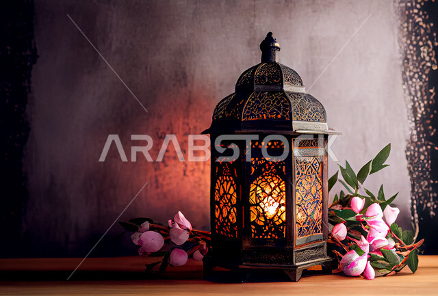 فانوس عربي تقليدي معدني مع فروع الاشجار والورود، إضاءة وزينة شهر رمضان، الإحتفال والبهجه بقدوم شهر رمضان، ديكورات وأنوار، اجواء رمضانية رائعه، الاستعداد لدخول شهر رمضان المبارك