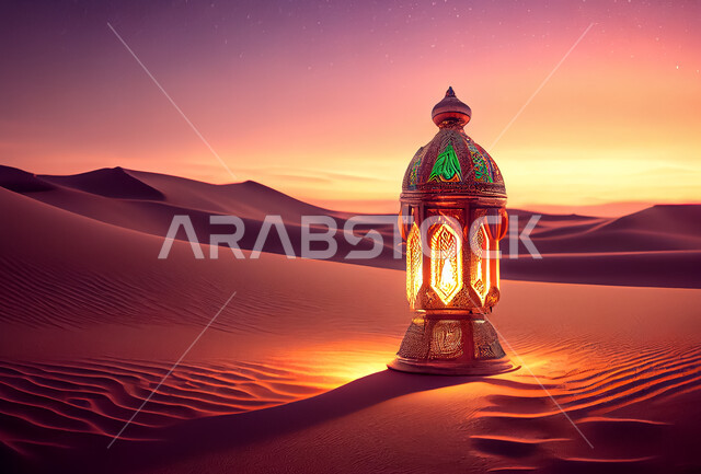 فانوس معدني مضيء على رمال الصحراء الذهبية، إضاءة وزينة شهر رمضان، شهر رمضان، الكثبان الرملية، الطبيعة الصحراوية، الطبيعة الصحراوية