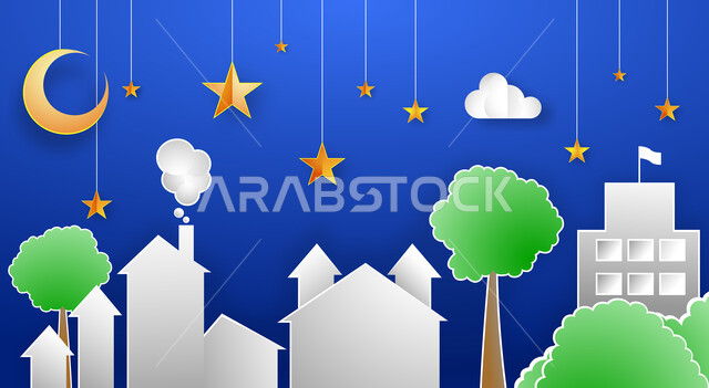 Creative painting, Ramadan decorations, Ramadan crescent and stars, residential houses, green trees and plants, vector, illustrator