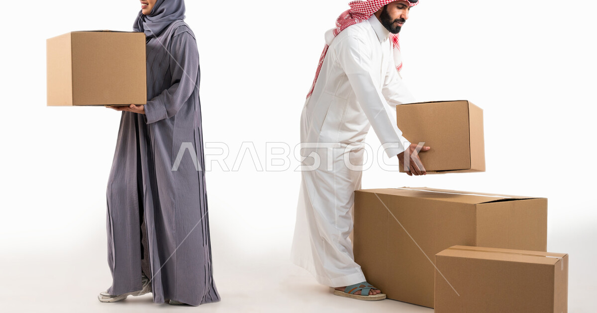 Moving furniture to a new home, cardboard boxes and containers