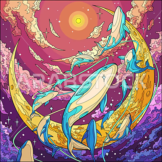 صورة فنية لدلافين تسبح في الليل, دلافين زرقاء، بحر الليل ،غيوم وهلال،رسومات ابداعية، تصميمات زخرفية ملونة، قالب تصميم غلاف،الوان