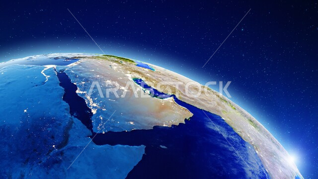 أرض المملكة العربية السعودية من الفضاء،الكرة الارضية، السعودية من على الكرة الارضية، العالم، ثلاثي الأبعاد، خلفية زرقاء