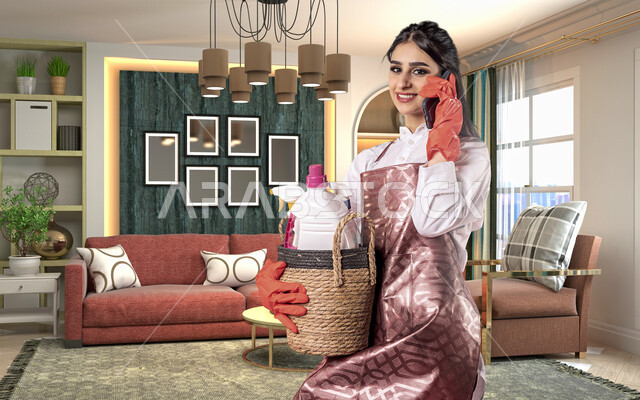 عاملة نظافة تجري مكالمة هاتفية، استخدام الهاتف المحمول، مدبرة منزلية، النظافة والتطهير، ادوات ومعدات التنظيف، قفازات اليدين، سلة ادوات التنظيف المنزلية، خادمة منزلية اجنبية، التنظيف وحماية المنزل