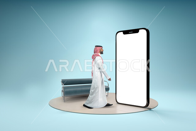 بورتريه لرجل عربي خليجي سعودي، منظر جانبي لرجل بإيماءات وجه ويدين تدل على الحركة، المشي والتقدم للأمام، هاتف محمول كبير الحجم، شاشة بيضاء فارغة، خلفية زرقاء