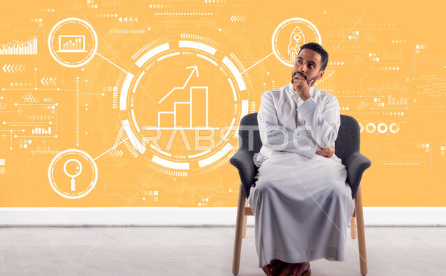 رجل عربي خليجي سعودي يجلس على الكرسي ويضع يده على ذقنه، ايماءات وجه ويدين تدل على التفكير والحيرة، التأمل والتخطيط، ايقونات ورموز، التمعن والتركيز، افكار وحلول، التفكير بالمستقبل، عناصر هلوجرامية ثلاثية الابعاد، خلفية صفراء
