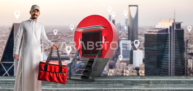 Saudi Arabian Gulf man carrying a red bag, delivery worker, express delivery services, delivery requests, home delivery services, online ordering, food delivery services, online requests, towers and skyscrapers, the city of Riyadh, the background of the R