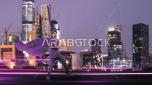 رجل عربي خليجي سعودي يرتدي رداء سوبرمان، التوصيل السريع، العمل في توصيل الطلبات والبضائع للزبائن، الابراج وناطحات السحاب، مدينة الرياض، الشحن والتوصيل، مندوب توصيل، خدمات التوصيل السريع، خلفية ابراج الرياض