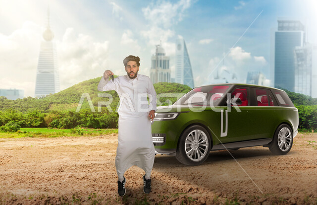 A Saudi Arab Gulf man holding a car starter key in his hand and jumping for joy, buying a new car, obtaining a driver's license, winning a new car, towers and skyscrapers, trees and green plants, a jeep, the background of the Riyadh towers