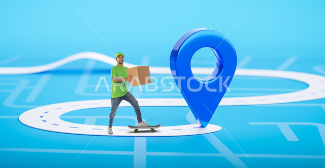 بورتريه لرجل عربي خليجي سعودي يرتدي رداء سوبرمان، استخدام السكيت، التوصيل السريع، العمل في توصيل الطلبات والبضائع للزبائن، الشحن والتوصيل، مندوب توصيل، خدمات التوصيل السريع، علامات ورموز، رمز خريطة جوجل، تحديد الاماكن