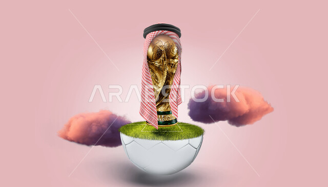 صوره مقربة لكأس العالم مغطا بالشماغ والعقال القطري، بطولة كأس العالم 2022 في قطر، نهائيات كأس العالم 2022، كاس العالم فيفا، مونديال قطر، خلفية وردية