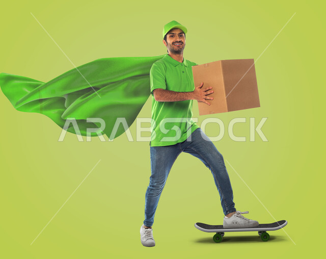 Portrait of a Saudi Arabian Gulf man wearing a Superman robe, using skateboards, express delivery, working in delivering orders and goods to customers, shipping and delivery, delivery representative, express delivery services, green background