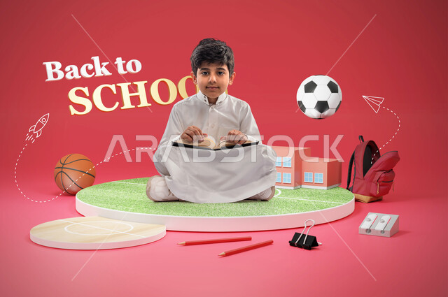 بورتريه لطالب عربي خليجي سعودي يمسك بيده كتاب ويجلس على مجسم دائري لملعب كرة قدم، حقيبة ظهر مدرسية، كتاب مفتوح، ايماءات وجه ويدين مختلفة، ادوات رياضية، كرة قدم، كرة سلة، عام دراسي جديد ، قراءة الكتاب المدرسي، خلفية حمراء