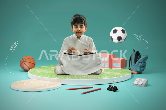 بورتريه لطالب عربي خليجي سعودي يجلس على مجسم دائري لملعب كرة قدم ويمسك بيده كتاب، حقيبة ظهر مدرسية، كتاب مفتوح، ايماءات وجه ويدين مختلفة، ادوات رياضية، كرة قدم، كرة سلة، عام دراسي جديد ، قراءة الكتاب المدرسي، خلفية زرقاء