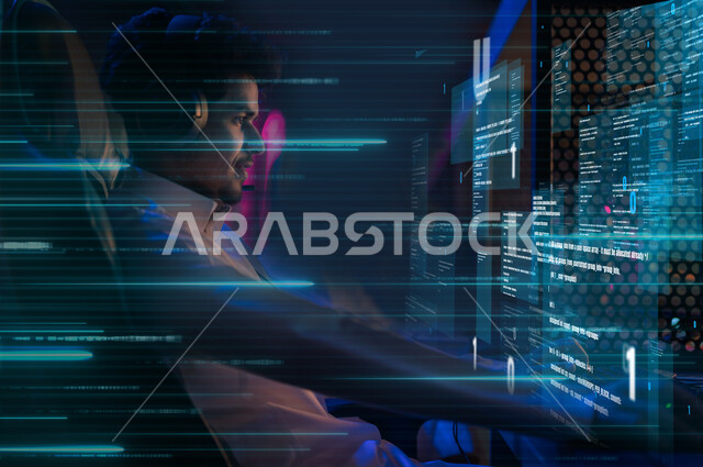 شاب عربي خليجي سعودي يستخدم جهاز الحاسوب، العمل في تطوير شبكة الحاسوب والانظمة البرمجية، العمل عن بعد، استخدام لغات البرمجة، اكواد وخوارزميات، اكواد برمجية بتقنية الهولوجرام ثلاثية الابعاد