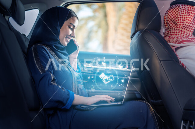 رجل عربي خليجي سعودي يقوم بقيادة السيارة، خدمة توصيل الركاب، سيدة اعمال عربية خليجية سعودية تجري مكالمة هاتفية، التواصل مع العملاء، إستخدام جهاز الحاسوب المحمول لإنجاز المهام، العمل عن بعد، التسويق الإلكتروني، ايقونة بتقنية الهولوجرام ثلاثية الابعاد