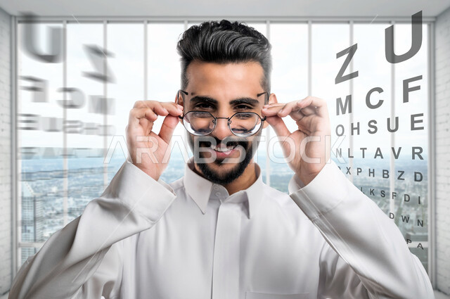 صورة مقربة لرجل عربي خليجي سعودي يرتدي نظارة طبية خاصة بضعف النظر، فحص النظر، قياس النظر، مفهوم ضعف البصر، قصر النظر، ايماءات وجه مبتسمة، الرؤية من خلال النظارة الطبية