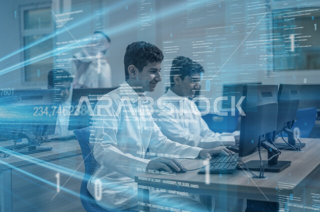 Two Saudi Arabian Gulf students learning programming, sitting in front of a computer, learning programming languages, developing and building websites and electronic applications, codes and algorithms, techniques and computers, three-dimensional hologram 