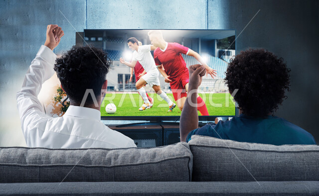 صورة من الخلف لشابان عربيان خليجيان سعوديان يستمتعان بمشاهدة مباريات كأس العالم على التلفاز، كرة القدم، ايماءات تدل على التشجيع والحماس، النجاح والقوة، تحقيق الاهداف، السعادة بالفوز