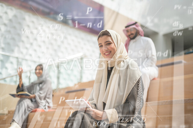 طالبة عربية خليجية سعودية تحمل بيدها كتاب جامعي، إيماءات وجه سعيدة، قاعة المحاضرات، مسائل حسابية، جامعات أكاديميه متطورة، قراءة الكتب الجامعية، مراجعة الدروس اليومية، التعليم الجامعي في السعودية