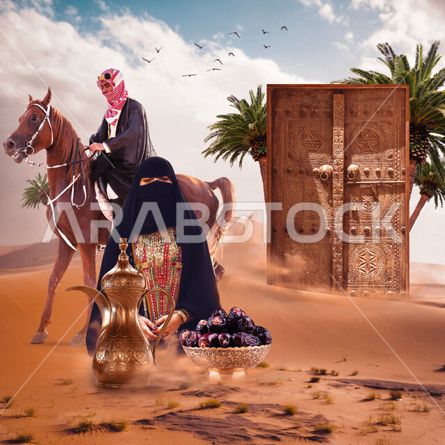 امرأة عربية خليجية سعودية منقبة، رجل يمتطي الخيل العربي الاصيل، ازياء شعبية تراثية، باب اثري قديم، دلة قهوة عربية مع طبق التمر، الكثبان الرملية الناعمة، الطبيعة الصحراوية