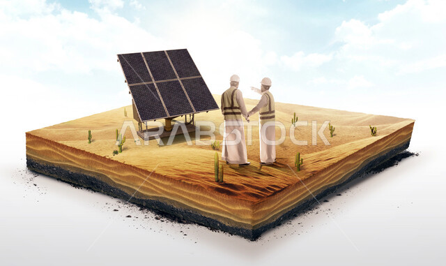 مجسم ثلاثي الابعاد لقطعة من الارض يقف عليها مهندسان عربيان خليجيان سعوديان ، يرتديان الخوذة وسترة الحماية و يتناقشان بالمشروع الهندسي ، التدقيق والإشراف على العمل، مفهوم هندسة الطاقة، مهن ووظائف سعودية، محطات الطاقة الشمسية, ألواح الطاقة البديلة 