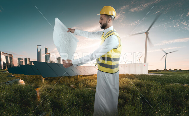 مهن ووظائف سعودية، مهندس عربي خليجي سعودي يرتدي الخوذة وسترة الحماية و يحمل بيده مخططات وتصاميم هندسية، التدقيق والإشراف على العمل، مفهوم هندسة الطاقة، محطات توليد الطاقة الكهربائية  المتجددة , خلفية مدينة الرياض .