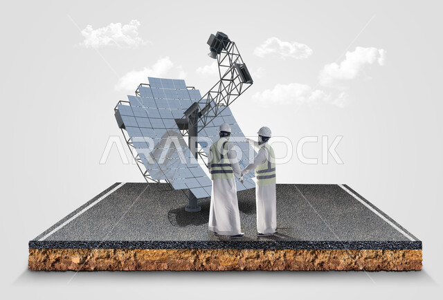 مفهوم هندسة الطاقة, مجسم ثلاثي الابعاد لقطعة من الارض يقف عليها مهندسان عربيان خليجيان سعوديان ،  التدقيق والإشراف  و النقاش في المشاريع  الهندسية ، مهن ووظائف سعودية، محطات الطاقة الشمسية، ستلايت  , خلفية بيضاء .