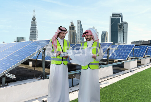 محطات توليد الطاقة ,مهندسان عربيان خليجيان سعوديان , التخطيط والتدقيق و الاشراف على محطات الطاقة الشمسية ، إرتداء الزي التقليدي السعودي و سترة الحماية ،  مجموعة من ألواح الطاقة الشمسية ،  الطاقة المتجددة، خلفية أبراج الرياض .