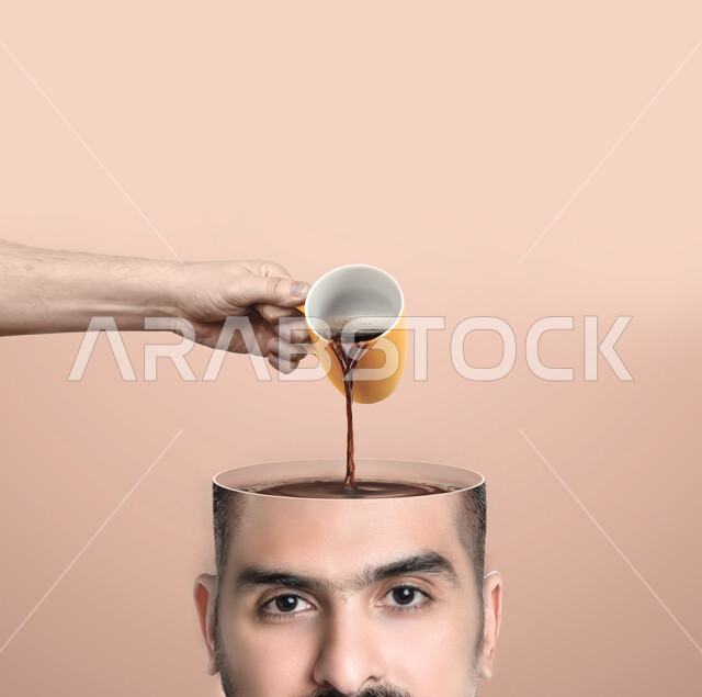 صورة مقربة وهمية لرأس رجل مفتوح يقوم بسكب كوب من القهوة لتعديل المزاج , تأثير القهوة على الدماغ , بن القهوة السوداء , النشاط والحيوية عند شرب القهوة , مشروبات ساخنة .  