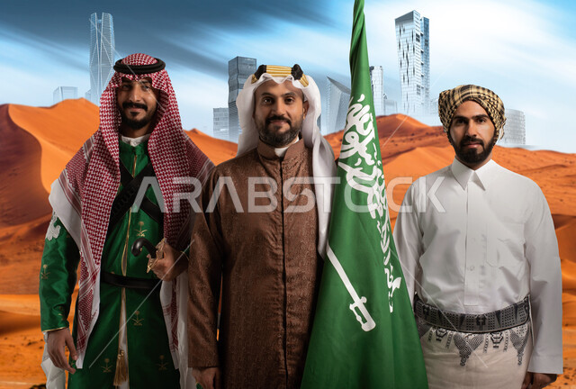 مجموعة من الأشخاص العربيون السعوديون الخليجيون يرتدون الزي السعودي الشعبي التقليدي ، أزياء المناسبات والإحتفالات الوطنيه, زي يوم التأسيس السعودي, اليوم الوطني السعودي , ذكرى يوم تأسيس المملكة العربية السعودية 1727 , خلفية الصحراء والتطور العمراني 