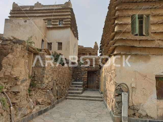 Old heritage buildings in the heritage village of Tabb in Abha in the Kingdom of Saudi Arabia, a picture of one of the old heritage houses, a Saudi village in the Asir region, historical and heritage sites, archaeological landmarks