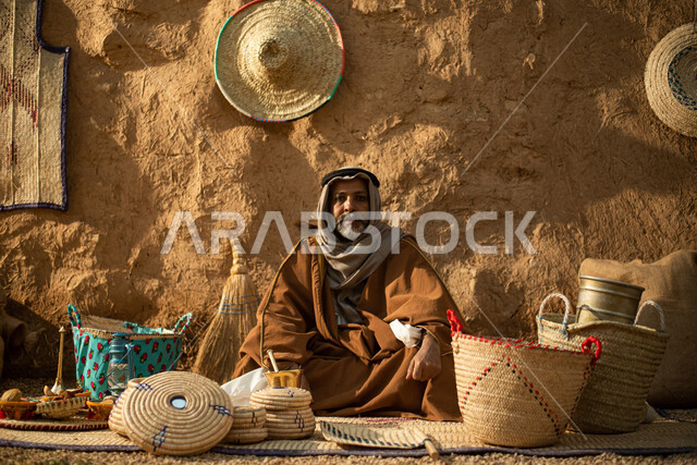 Old Saudi Arabian Gulf man, business and handicrafts, revival of Gulf folklore, Saudi founding day, the founding of the Kingdom 1727 AD, Saudi folk costumes, old Saudi Arabia, old traditional mud houses, old popular markets, Saudi traditional costume for 