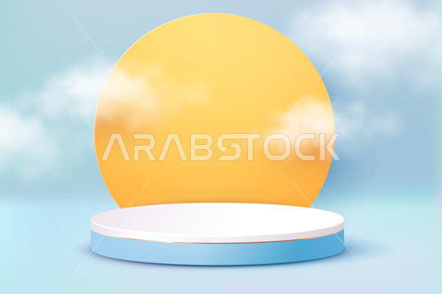 غرفة مجردة ثلاثية الأبعاد مع قاعدة أسطوانية واقعية ، خلفيه زرقاء مع غيوم,  قاعده دائريه ثلاثية الأبعاد لعرض المنتجات المتنوعه