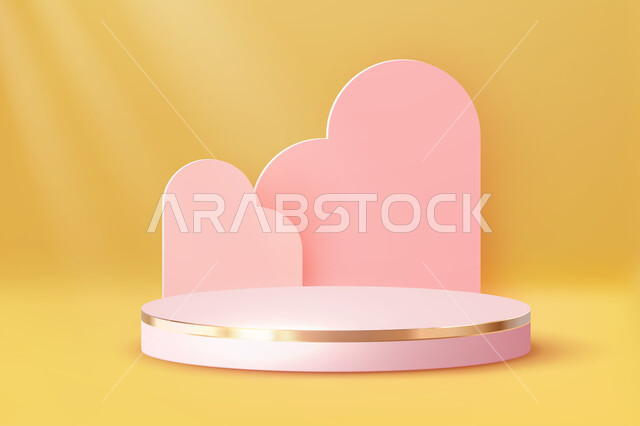 Three-dimensional abstract background with realistic cylindrical base, yellow background, pink three-dimensional round base for displaying various products