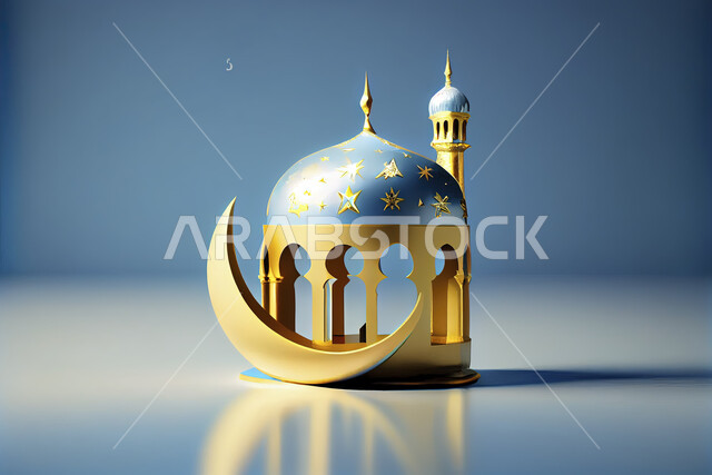 مجسم ثلاثي الابعاد لمسجد ذهبي مع قمر و نجوم، رمضاني، قبة المسجد، خلفية زرقاء، عيد الفطر