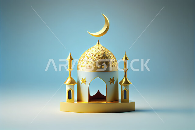 مجسم ثلاثي الابعاد لمسجد ذهبي مع قمر و نجوم، رمضاني، قبة المسجد، خلفية زرقاء، عيد الفطر