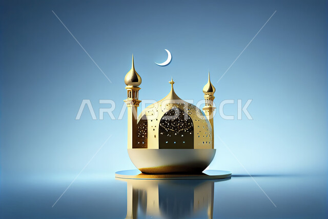 مجسم ثلاثي الابعاد لمسجد ذهبي ، رمضاني، رمضان كريم ، اعياد و مناسبات دينية ، تهنئة رمضان ، قبة المسجد، خلفية زرقاء، عيد الفطر ، عيد الاضحى