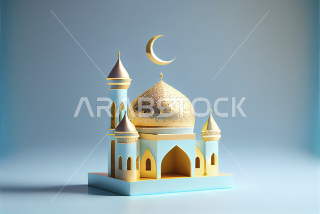 مجسم ثلاثي الابعاد لمسجد ذهبي ، رمضاني، رمضان كريم ، اعياد و مناسبات دينية ، تهنئة رمضان ، قبة المسجد، خلفية زرقاء، عيد الفطر ، عيد الاضحى