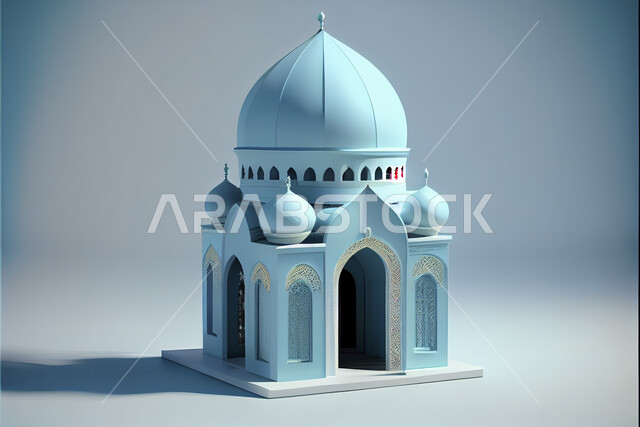 Three-dimensional model of a blue mosque, Ramadan atmosphere, mosque dome, blue background, Eid al-Fitr