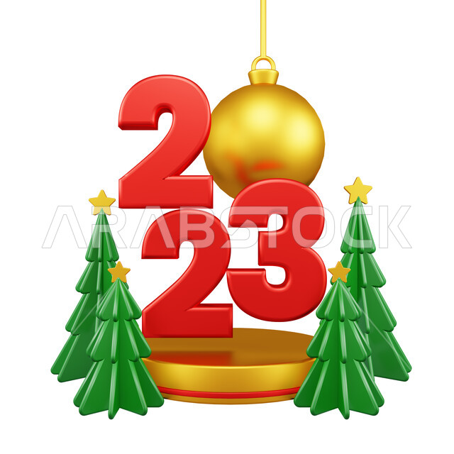  تصميم الكريسماس مع المنصة الذهبية ثلاثي الأبعاد، شجرة عيد الميلاد الخضراء ، الحلي الذهبية لتزيين الكريسماس ، العام الجديد 2023، خلفية بيضاء