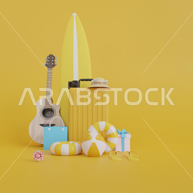 مجموعة من الامتعة الشخصية، اة موسيقية، امتعة خاصة برحلة شاطئية، مفهوم العطلة الصيفية، خلفية صفراء