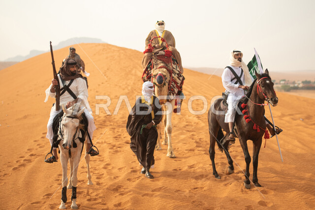 Two Saudi Arabian Gulf knights riding horses in the Saudi desert, using the Saudi rifle, raising the Saudi flag, wearing traditional folk costumes, a masked man riding a camel, commemorating the Saudi founding, the first Saudi state 1727 AD, Saudi foundin