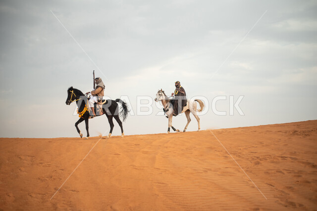 Two Saudi Arabian Gulf knights riding horses in the Saudi desert, using the Saudi rifle, raising the Saudi flag, wearing traditional folk costumes, commemorating the Saudi founding, the first Saudi state 1727 AD, Saudi founding day, Saudi national holiday