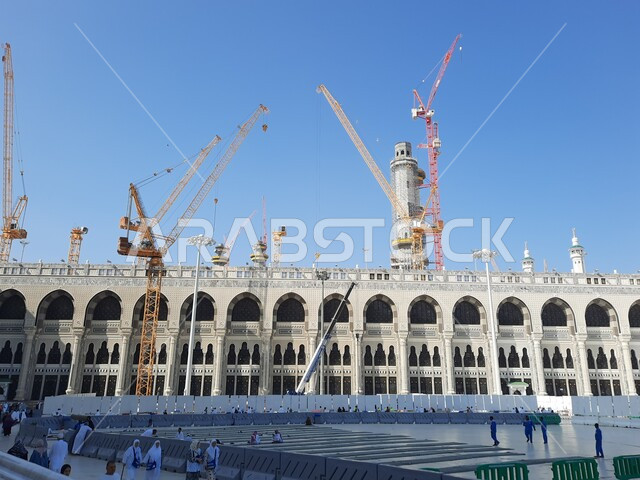The Holy Mosque in Mecca, Saudi Arabia, Hajj and Umrah, worship and getting closer to God, Islamic religious landmarks, Hajj season, Muslim pilgrims circling the Kaaba in Mecca, Royal Clock Tower building, Islamic holy places