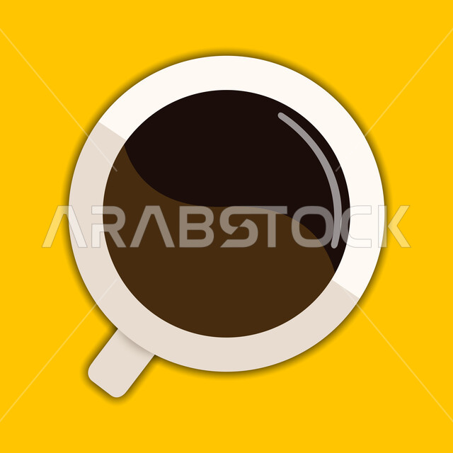 كوب قهوة ابيض ، عنصر رسم ، قهوة داكنة ، مشروب ساخن على خلفية صفراء .